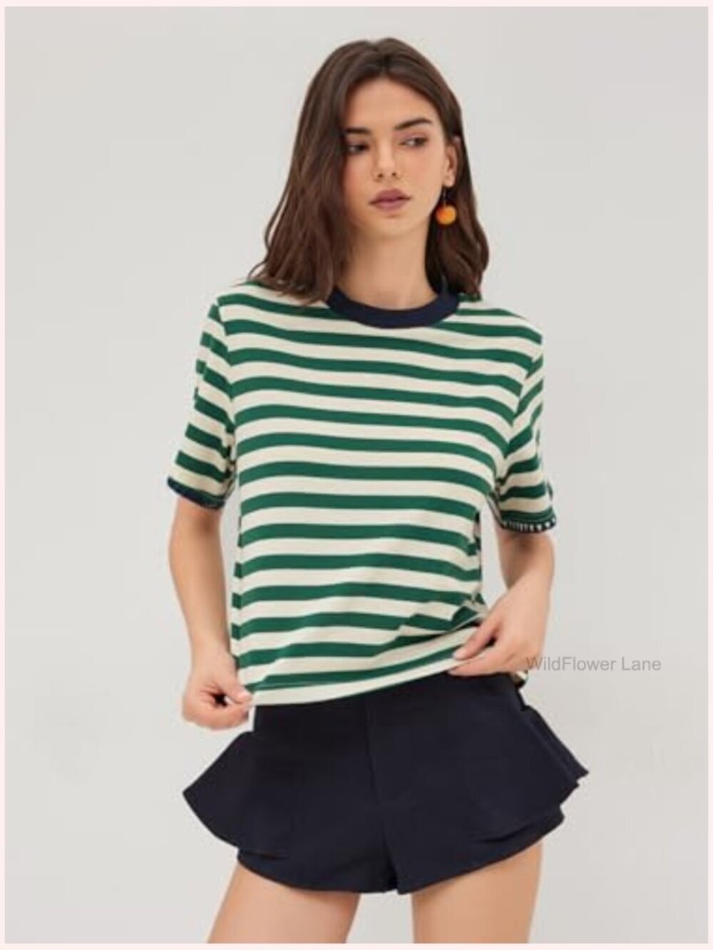Oversized Striped Crop Tee Cotton-Blend Short Sleeve Crew Neck - Picture 2 of 7